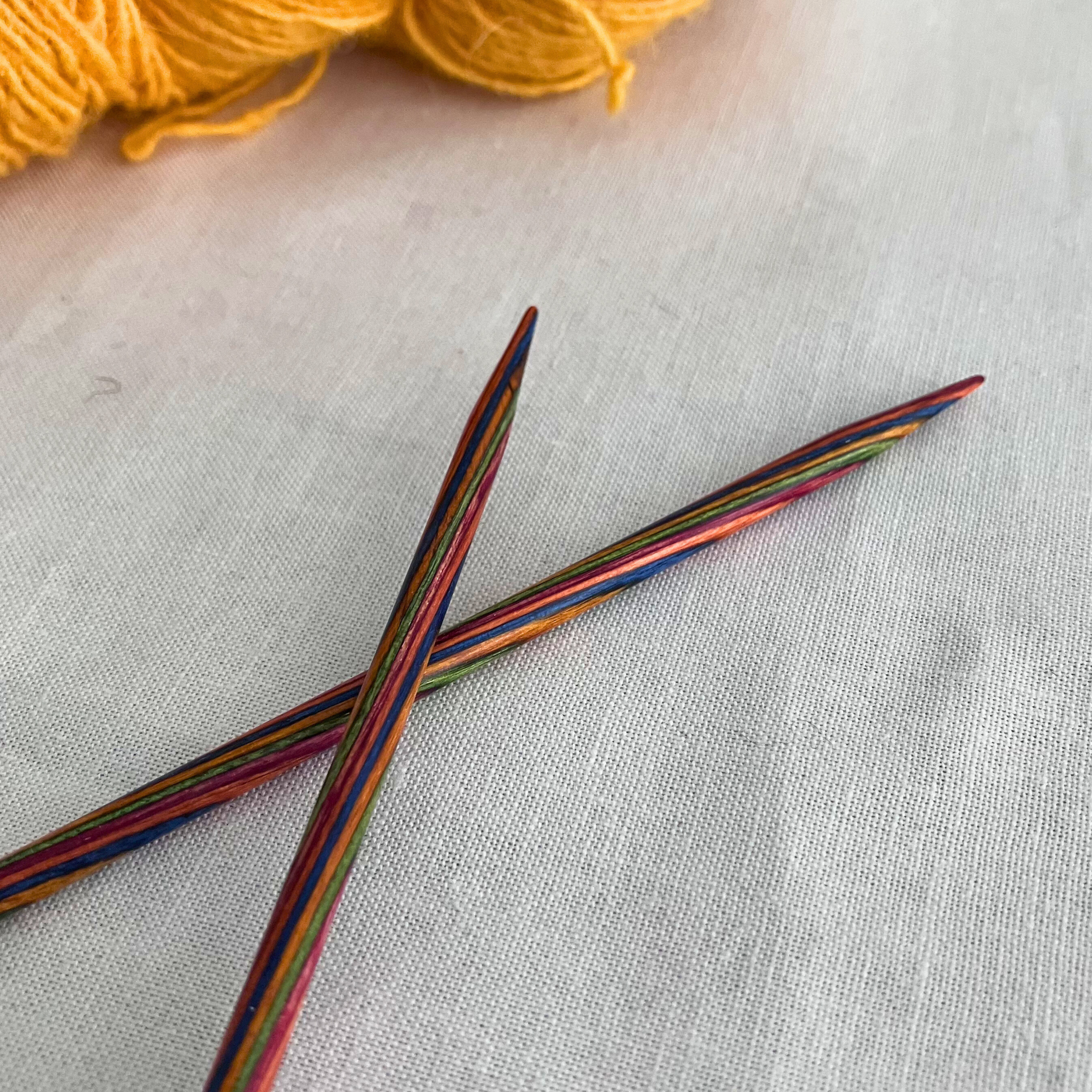 Knit Picks Rainbow Wood single-pointed needle close-up – tapered tip, comfortable grip