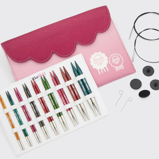 KnitPro Dreamz Deluxe interchangeable needle set – 4-inch birchwood tips, 9 sizes for all projects. With pink envelope-style case.