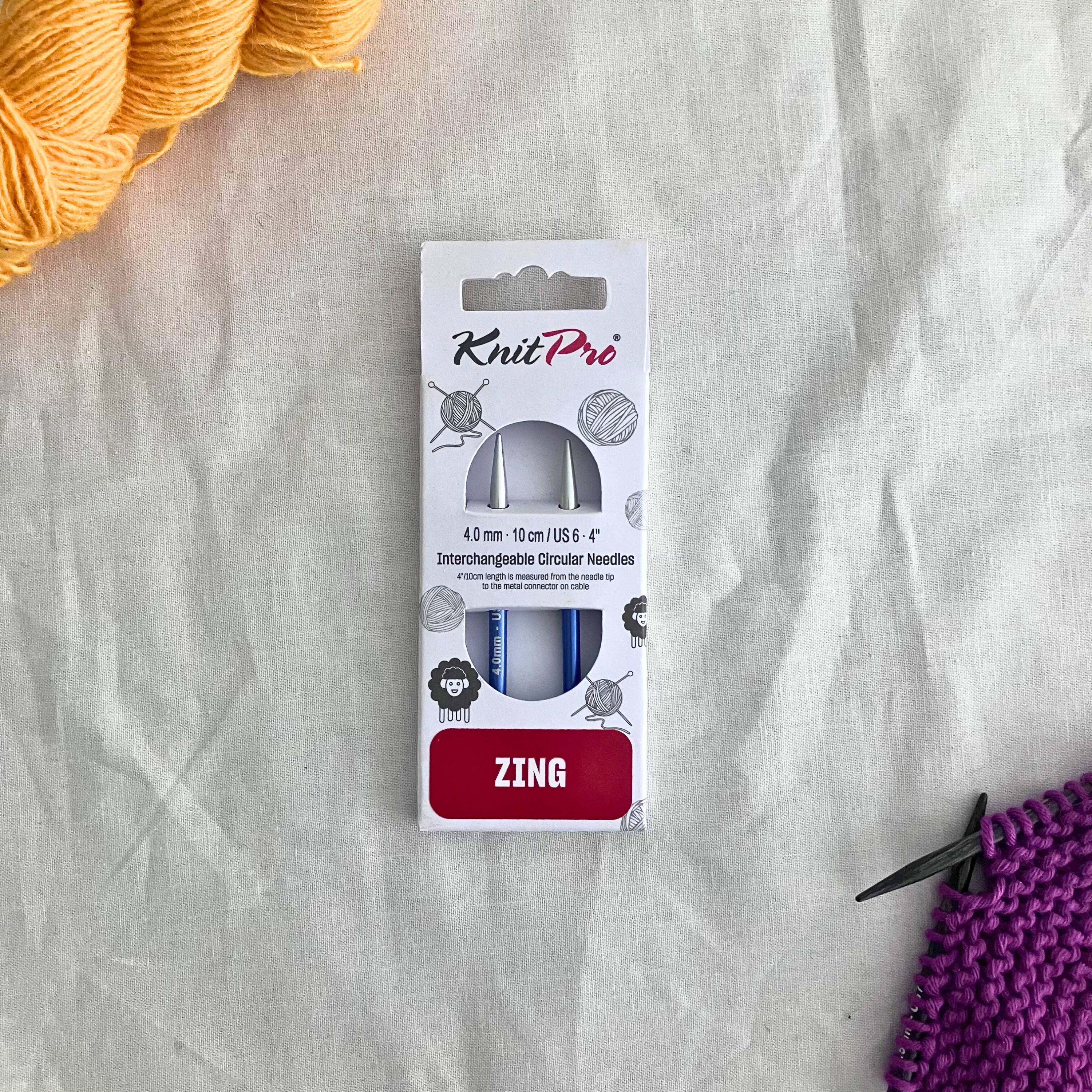 KnitPro Zing 4-inch interchangeable tips in packaging – designed for 16-inch & 20-inch circular needle cables

