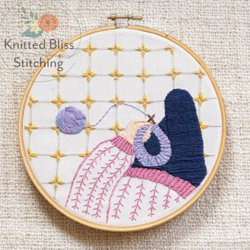 If I Sits I Knits embroidery kit by Knitted Bliss — knitter in a café scene with customizable skin tone, preprinted on 100% cotton. Canadian-made

