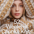Book cover titled '52 Weeks of Chunky Knits from Laine Publishing' with a person wearing chunky knitwear.