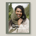 Book over titled '52 Weeks of One-Skein Knits' shown against a light beige background. Laine Publishing.
