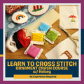 Promotional graphic for a cross stitch ornament crash course with Kelsey, showing various colorful threads, finished embroidered pieces, scissors, and fabric on a wooden surface, with text reading 'LEARN TO CROSS STITCH ORNAMENT CRASH COURSE w/ Kelsey' and 'No Experience Required'.