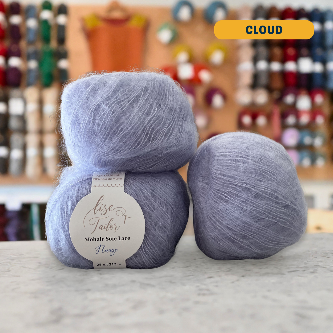 50g blue-grey (cloud) mohair & silk lace yarn, 'Lise Tailor mohair Silk' label visible, craft shop background (blurred)