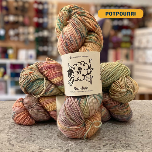 100g pale pink, green, brown variegated (potpourri) merino bamboo sock yarn, 'Manos del Uruguay Bambok 70% Merino Superwash / 30% Bamboo' label visible, craft shop background (blurred)
