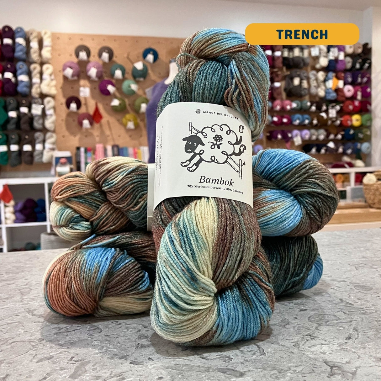 100g multi-coloured brown blue green variegated (trench) merino bamboo sock yarn, 'Manos del Uruguay Bambok 70% Merino Superwash / 30% Bamboo' label visible, craft shop background (blurred)
