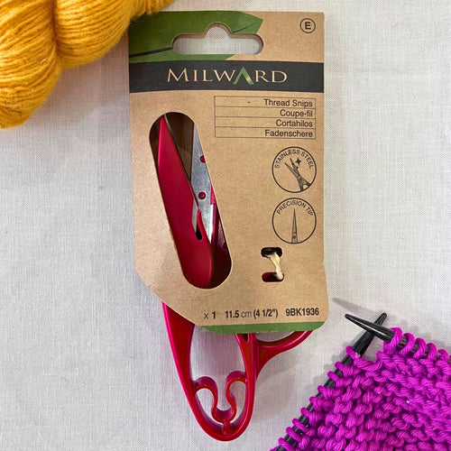 Milward 4.5 inch Thread Snips in plastic-free retail packaging. Yellow & purple yarn in the background.