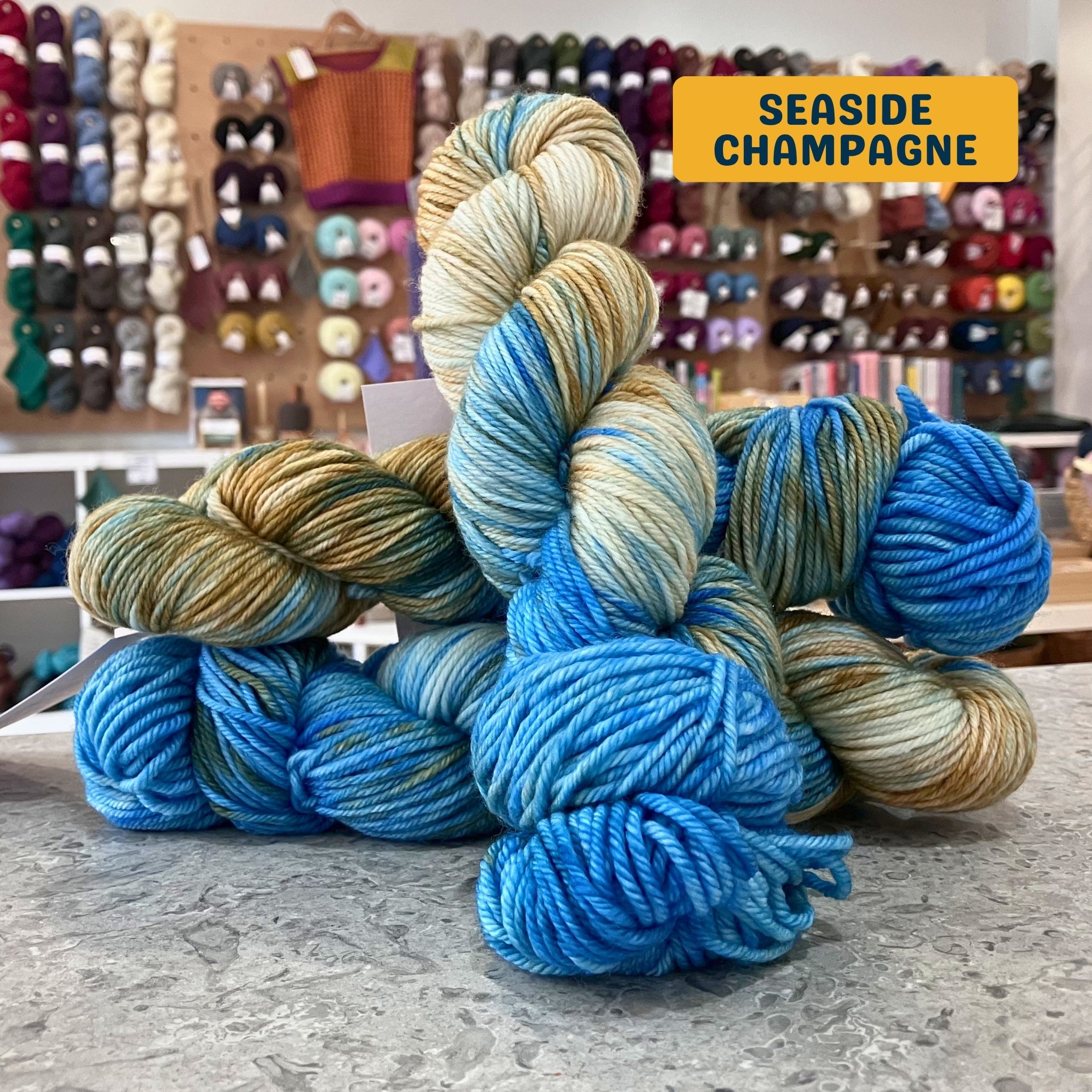 100g variegated vibrant blue,brown-beige, green (seaside champagne) hand-dyed SW merino worsted yarn, 'Nova Knits Worsted', craft shop background (blurred)
