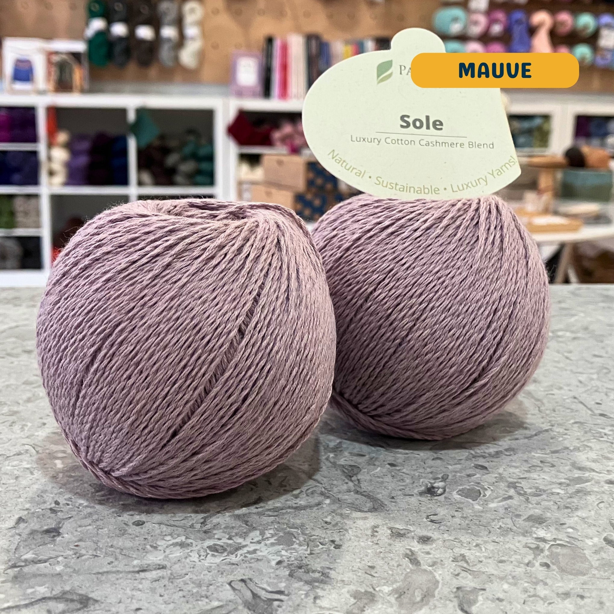 50g light grey-pink (mauve) cotton & cashmere sport yarn, 'Pascuali Sole Luxury Cotton Cashmere Blend' label visible, craft shop background (blurred)