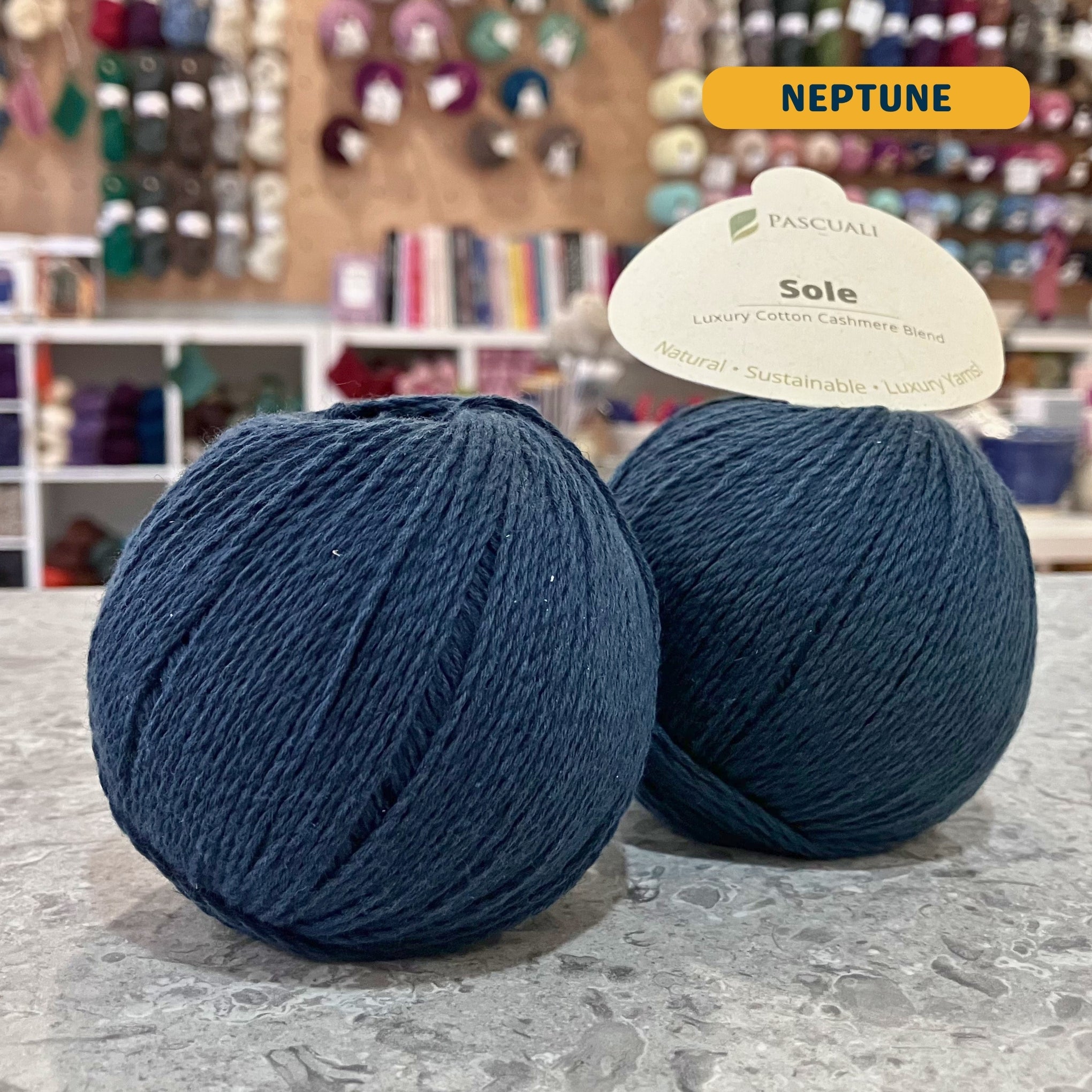 50g dark blue (neptune) cotton & cashmere sport yarn, 'Pascuali Sole Luxury Cotton Cashmere Blend' label visible, craft shop background (blurred)