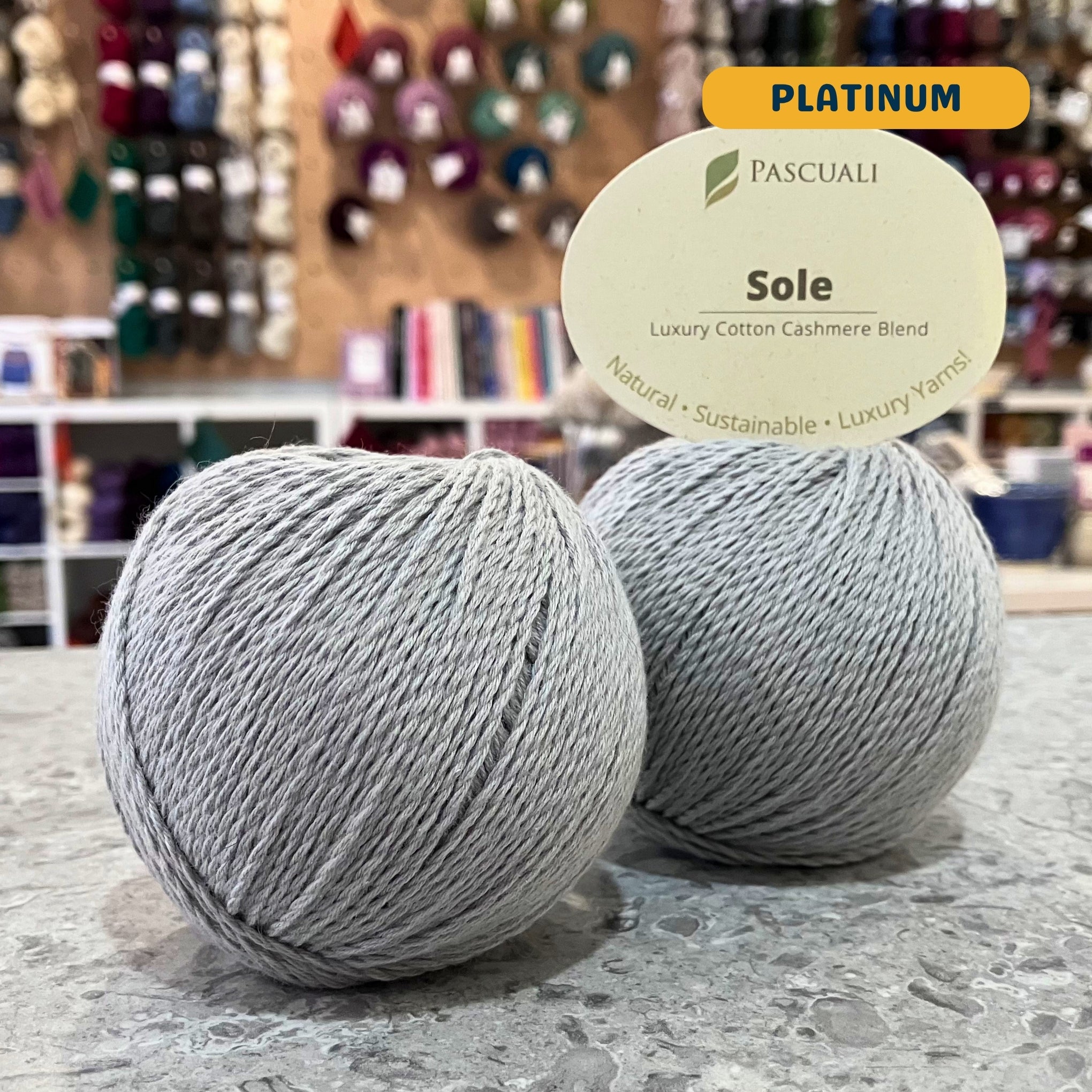 50g light grey (platinum) cotton & cashmere sport yarn, 'Pascuali Sole Luxury Cotton Cashmere Blend' label visible, craft shop background (blurred)