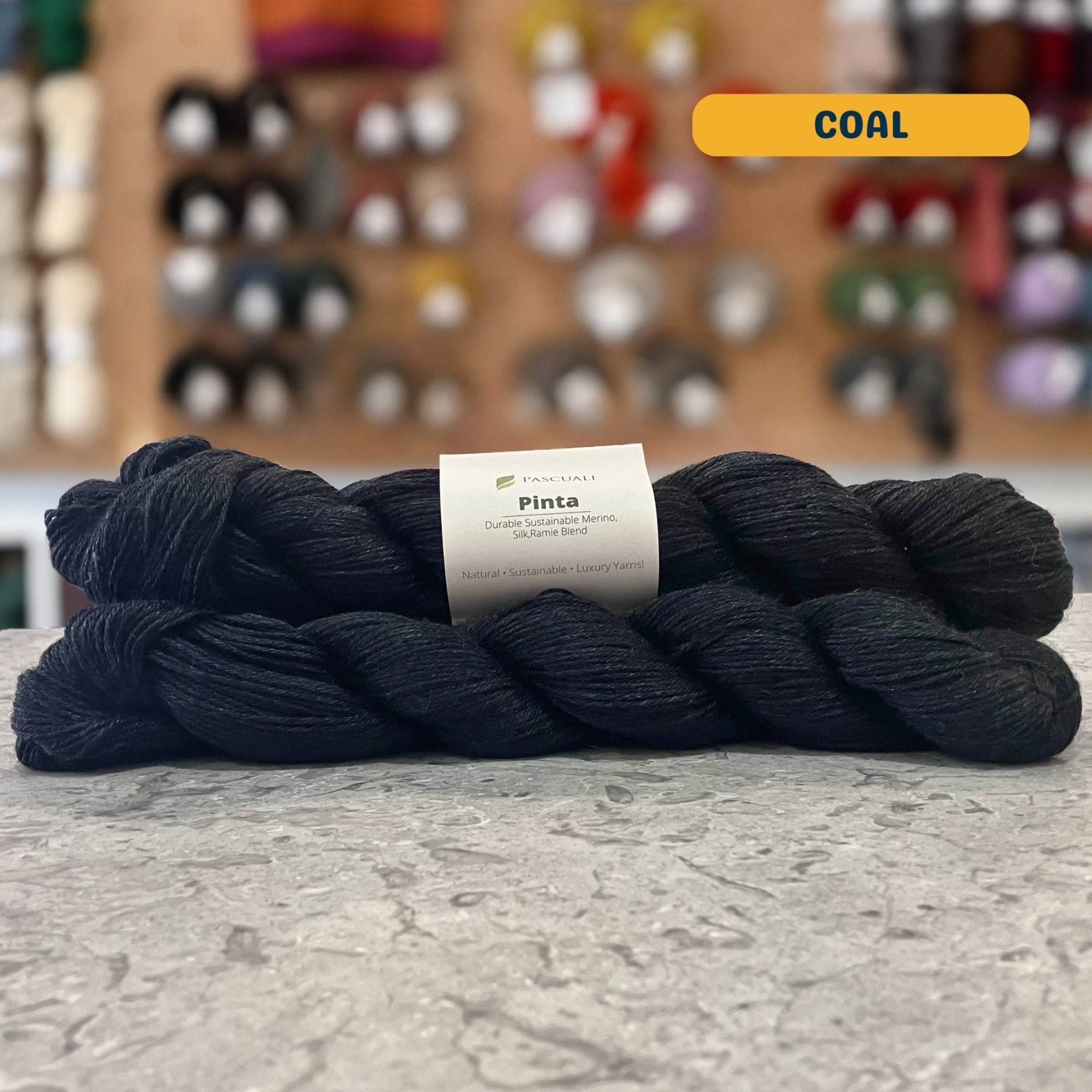 50g dark grey (coal) merino, silk, & ramie sock yarn, 'Pascuali Pinta Durable Organic Merino Silk Ramie Blend' label visible, craft shop background (blurred)
