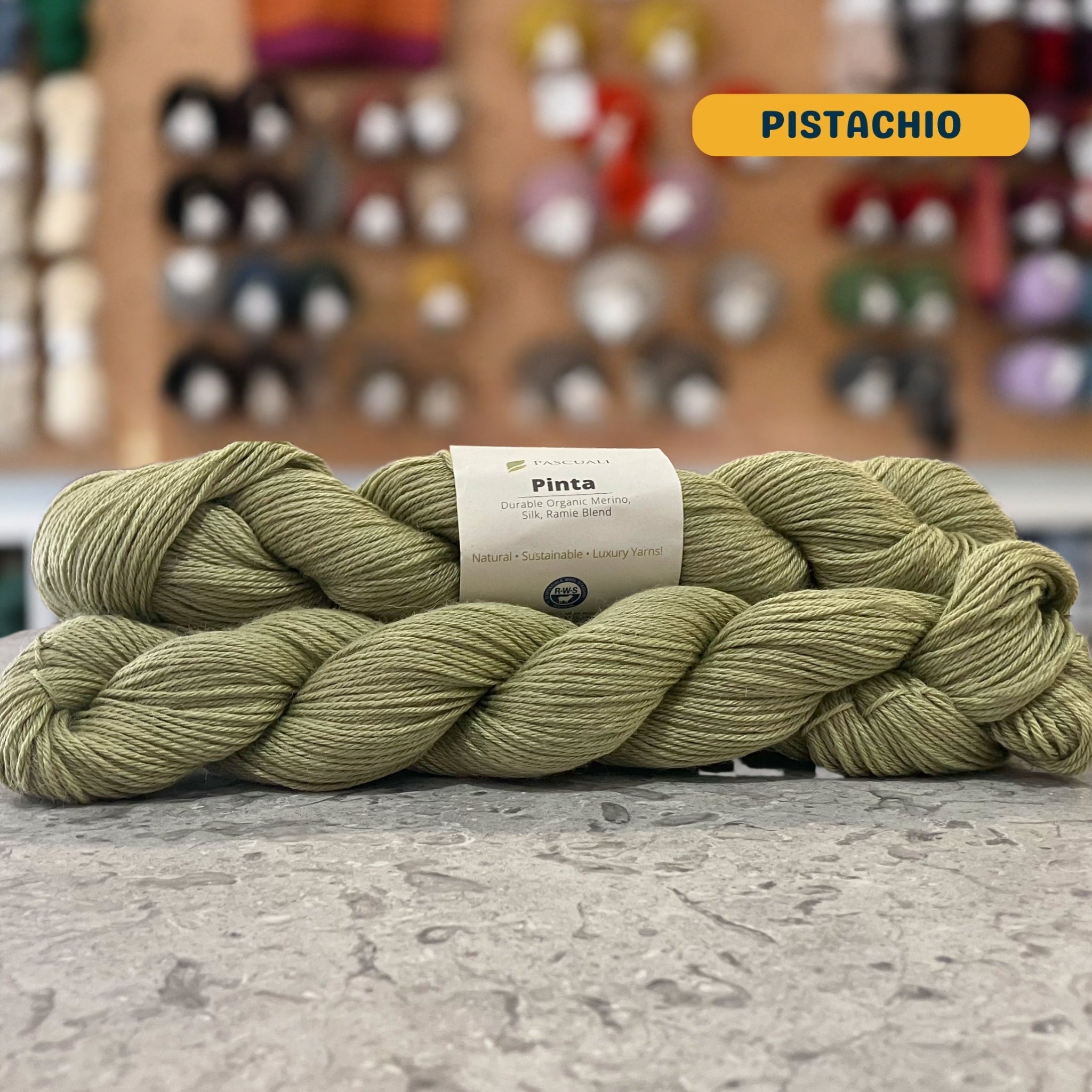 50g light green (pistachio) merino, silk, & ramie sock yarn, 'Pascuali Pinta Durable Organic Merino Silk Ramie Blend' label visible, craft shop background (blurred)