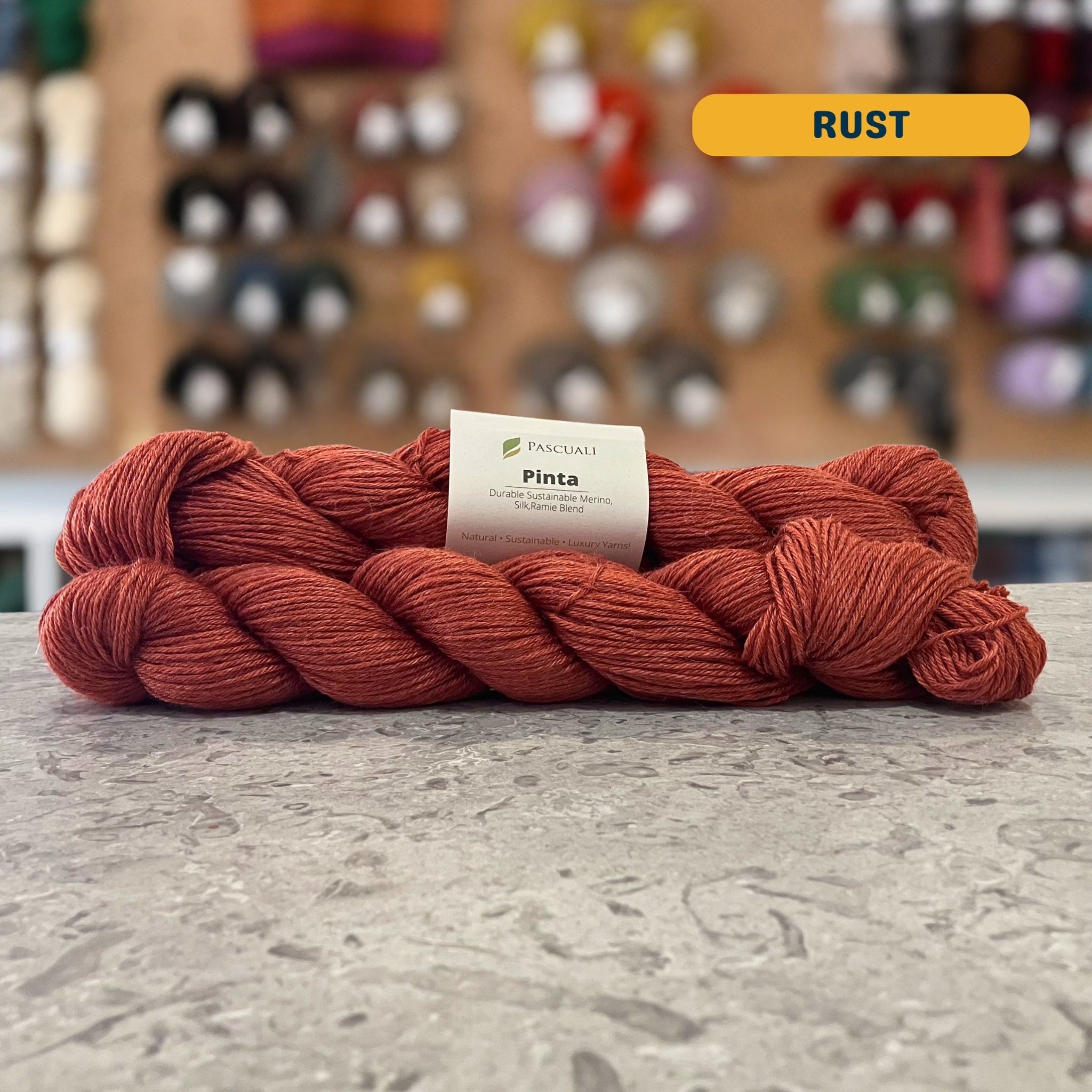 50g orange (rust) merino, silk, & ramie sock yarn, 'Pascuali Pinta Durable Organic Merino Silk Ramie Blend' label visible, craft shop background (blurred)