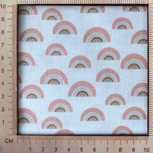 4inx4in scale — 100% cotton quilting fabric — gold, grey & salmon rainbow pattern on a white background. 44/45in width.