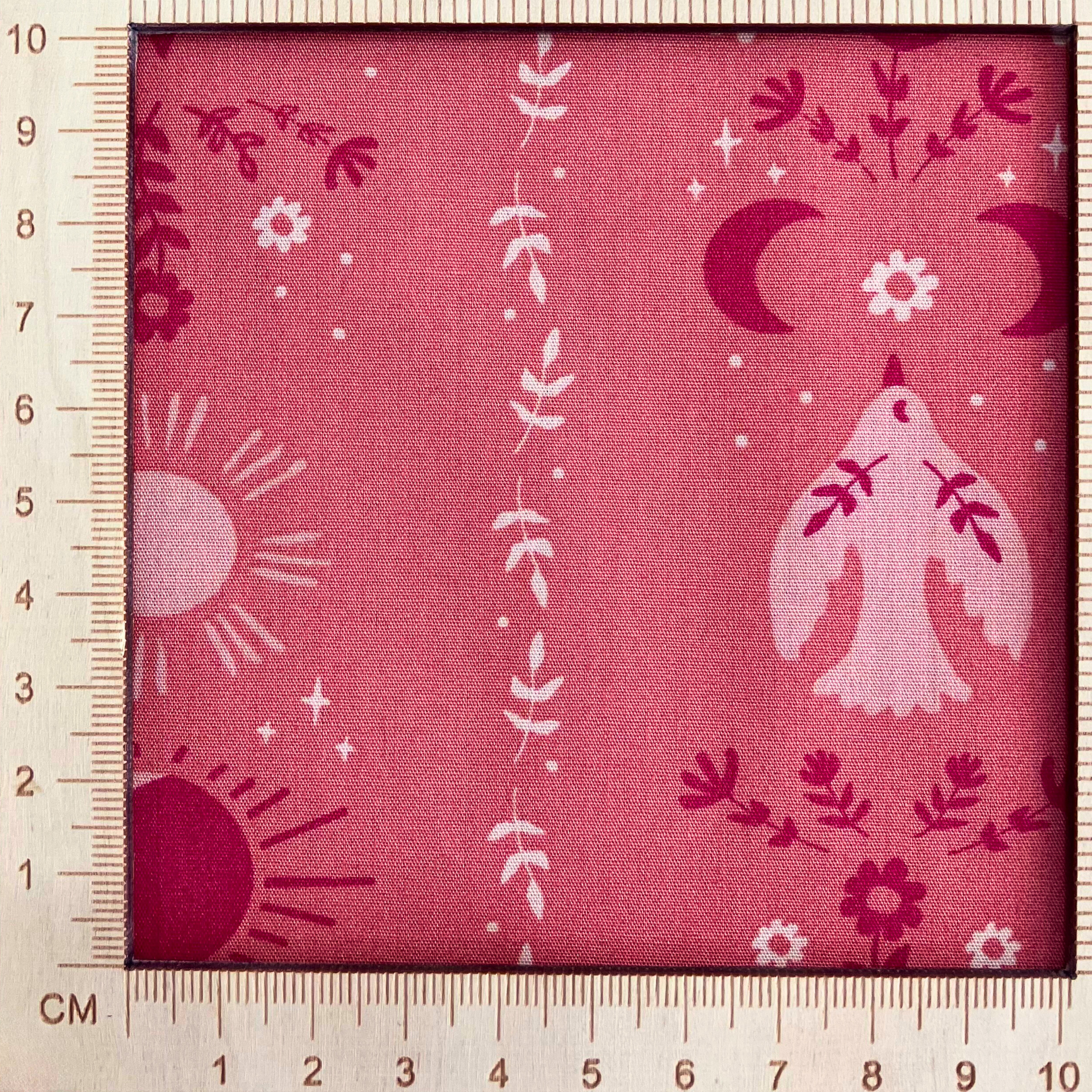 4"x4" scale — 100% cotton quilting fabric — coral fabric with birds, flowers & suns. 44/45in width.