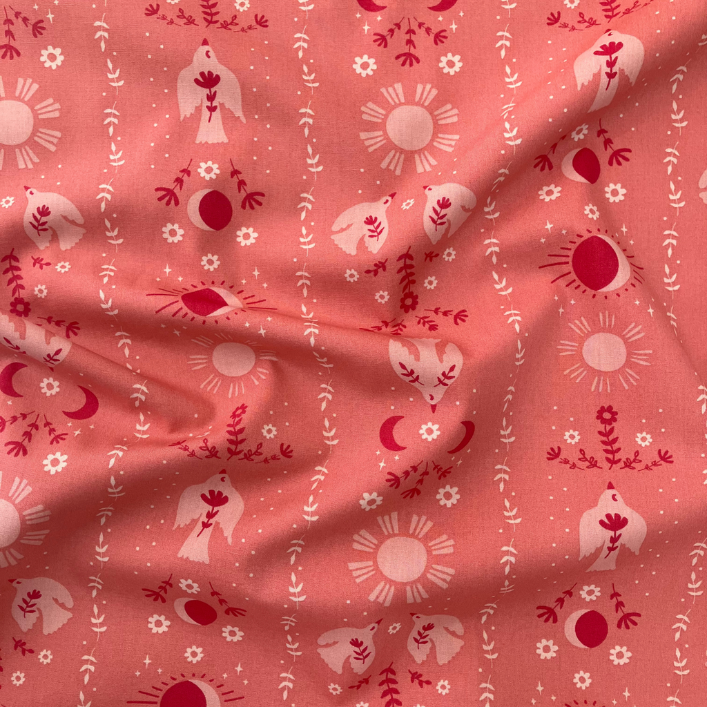 100% cotton quilting fabric — coral fabric with birds, flowers & suns. 44/45in width.