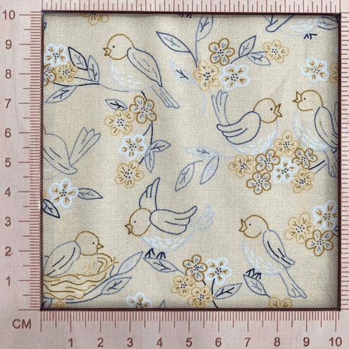 4"x4" scale — 100% cotton quilting fabric — buttery yellow fabric with blue and grey line-drawn birds, nests, and blooms. 44/45in width.