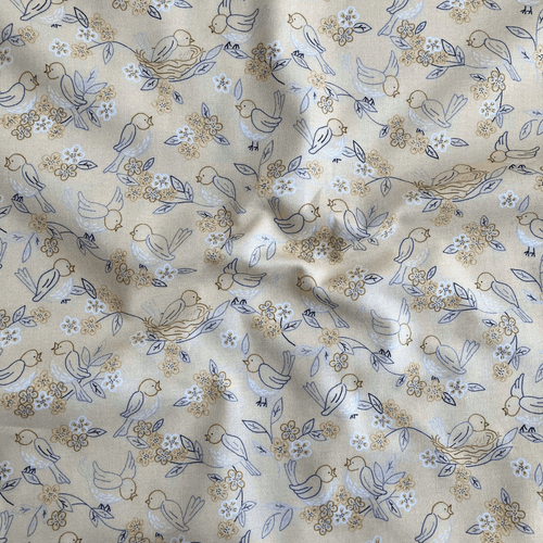 100% cotton quilting fabric — buttery yellow fabric with blue and grey line-drawn birds, nests, and blooms. 44/45in width.