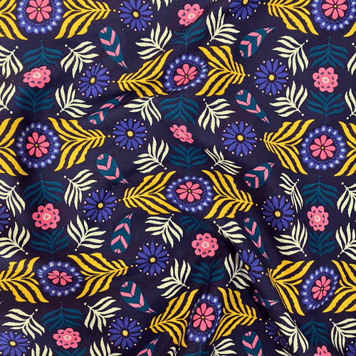 100% cotton quilting fabric — Deep navy fabric with bold florals and leaves. 44/45in width.