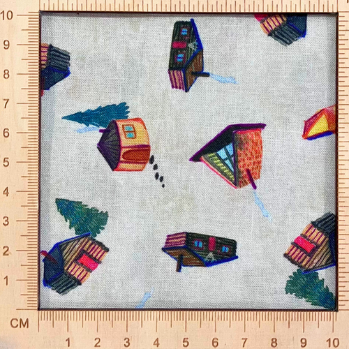 4"x4" scale —  100% cotton quilting fabric — beige fabric with watercolour-style cabins, yurts, and trees. 44/45in width.