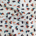 100% cotton quilting fabric — beige fabric with watercolour-style cabins, yurts, and trees. 44/45in width.