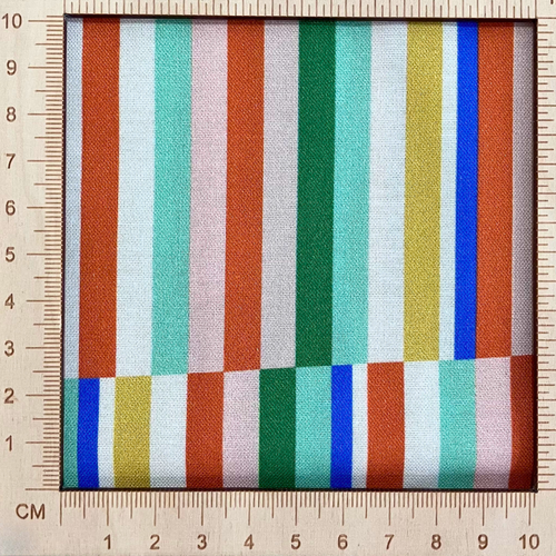 4"x4" scale — 100% cotton quilting fabric — fabric with broken green, blue, orange, and yellow stripes. 44/45in width.