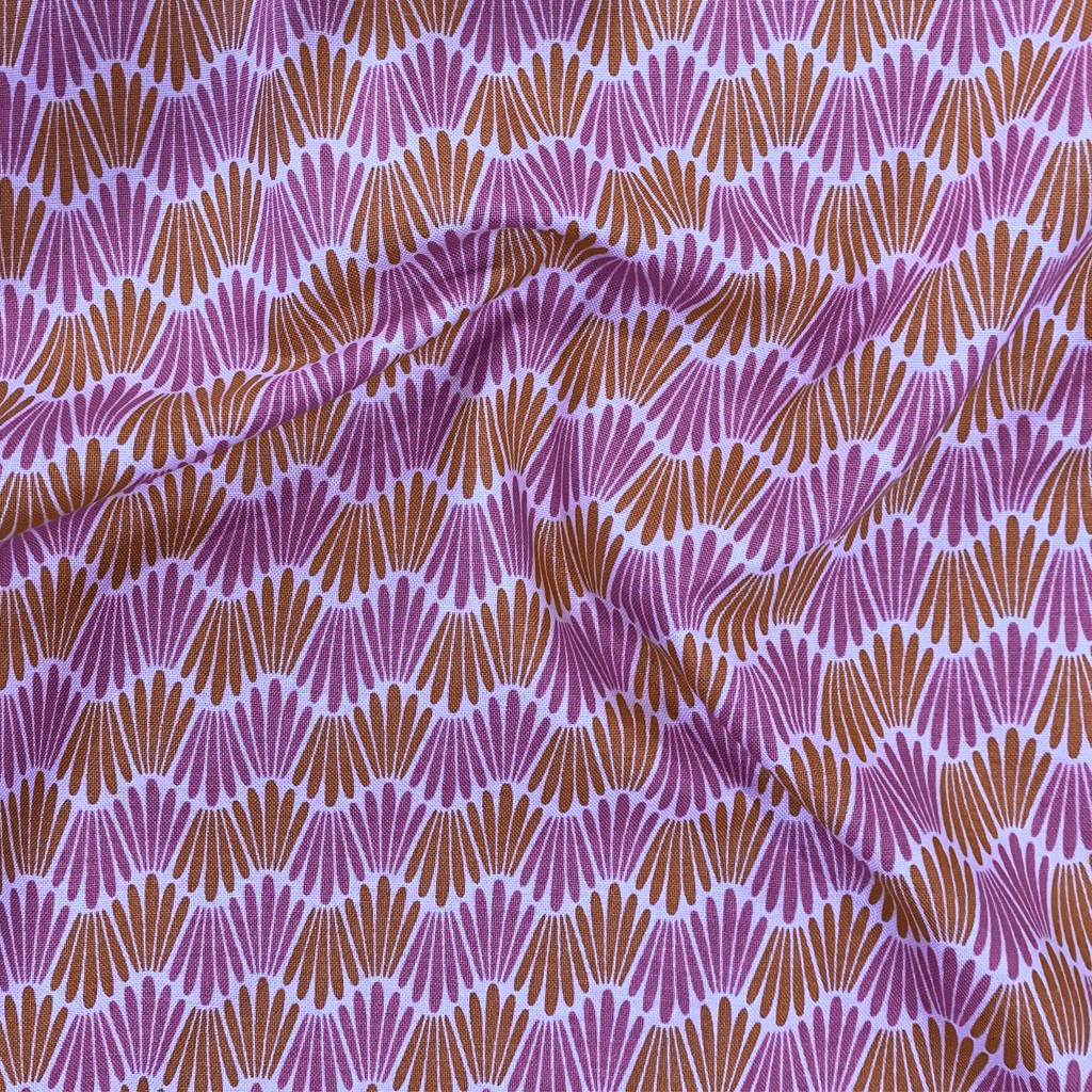 100% cotton quilting fabric — fabric with pink & orange wavy lines. 44/45in width.