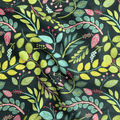 100% cotton quilting fabric — pink, teal & green leaves on dark blue-green. 43/44in width.