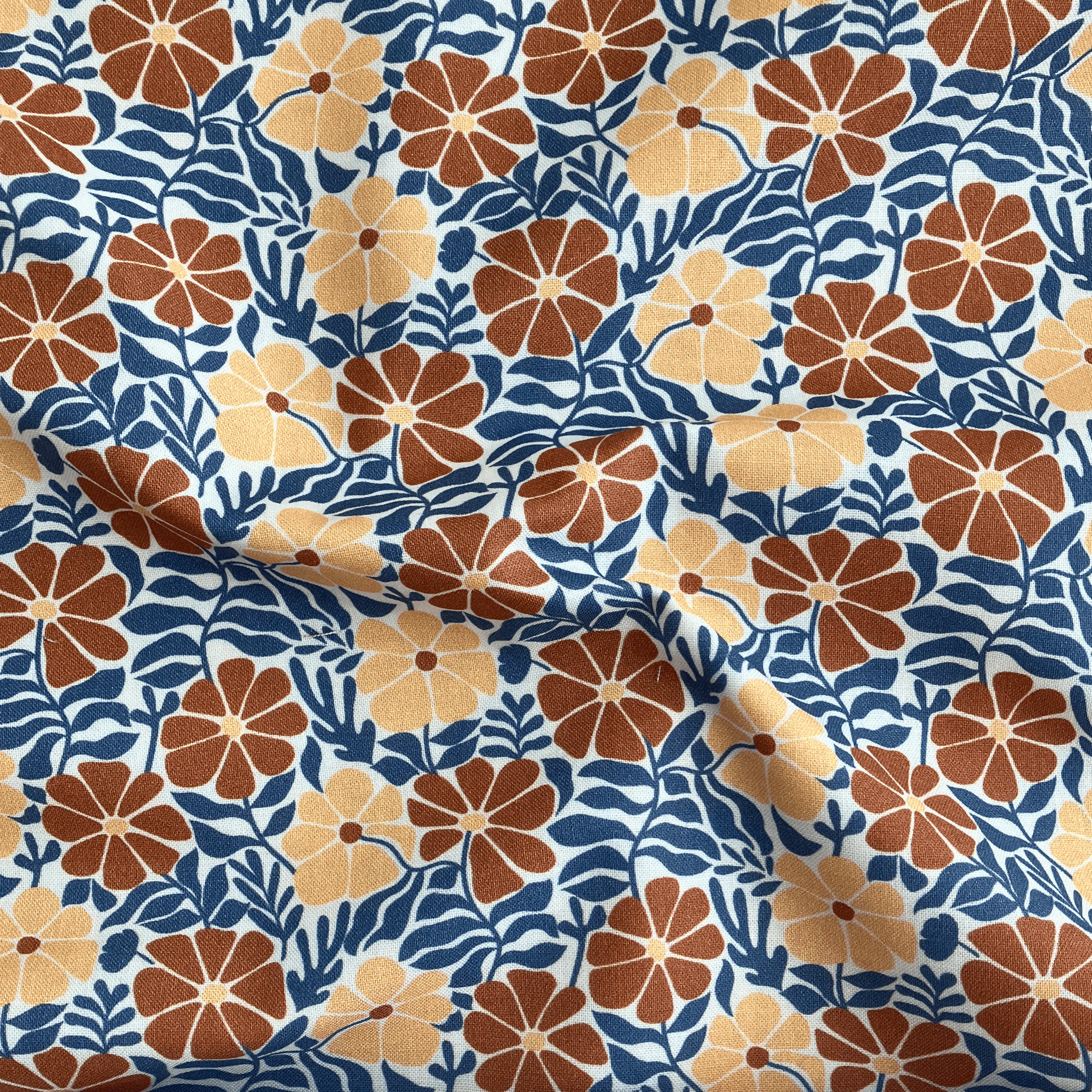 100% cotton quilting fabric — burnt orange & tan flowers with blue-grey leaves on white. 43/44in width.