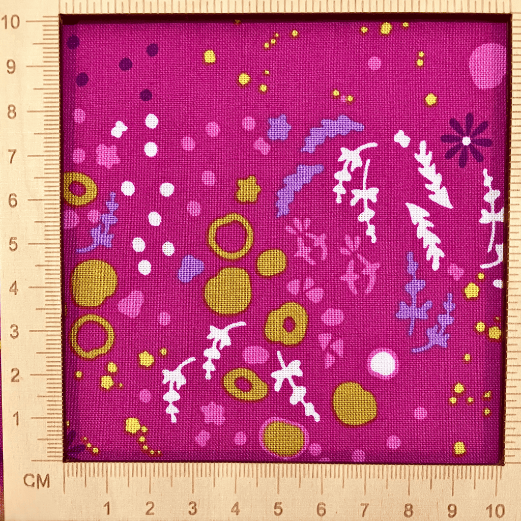 4"x4" scale — 100% cotton quilting fabric — colourful florals & abstract patterns on pink. 44/45in width.
