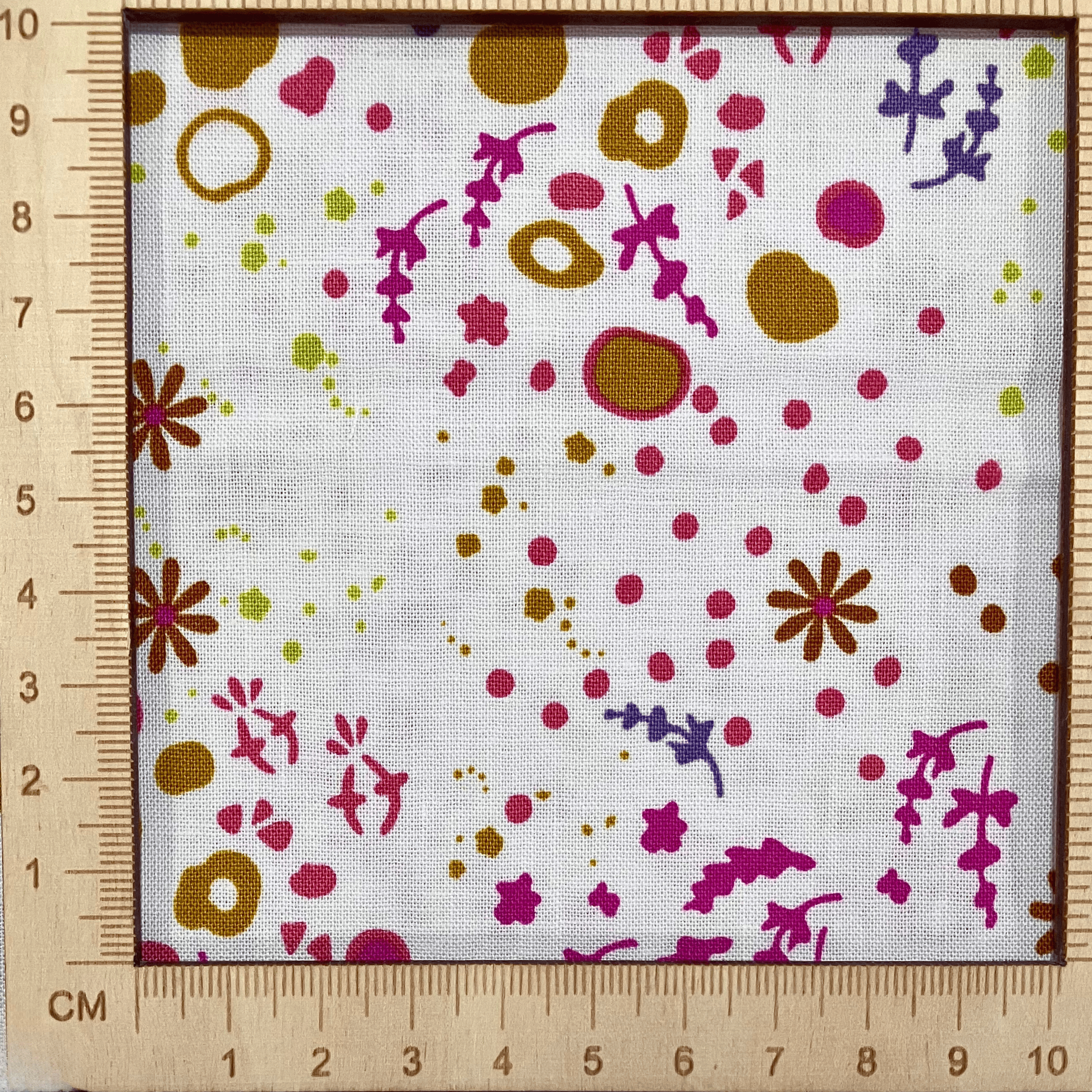 4"x4" scale — 100% cotton quilting fabric — colourful florals & abstract patterns on white. 44/45in width.