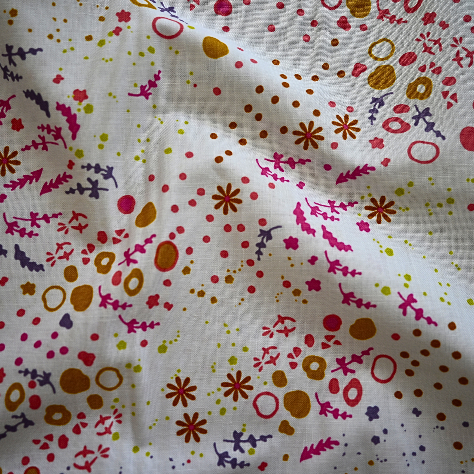 100% cotton quilting fabric — colourful florals & abstract patterns on white. 44/45in width.