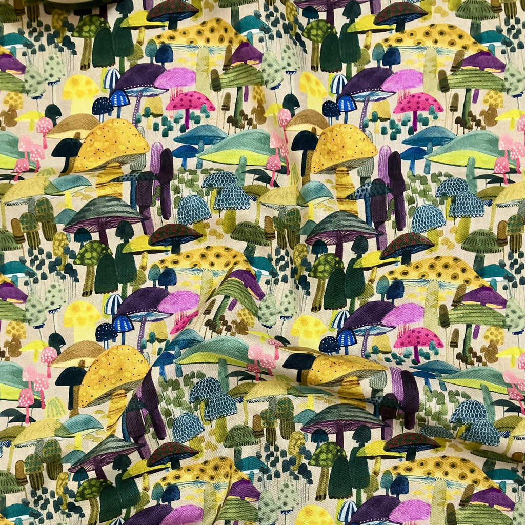 100% cotton quilting fabric — colourful watercolour mushrooms on beige. 44/45in width.