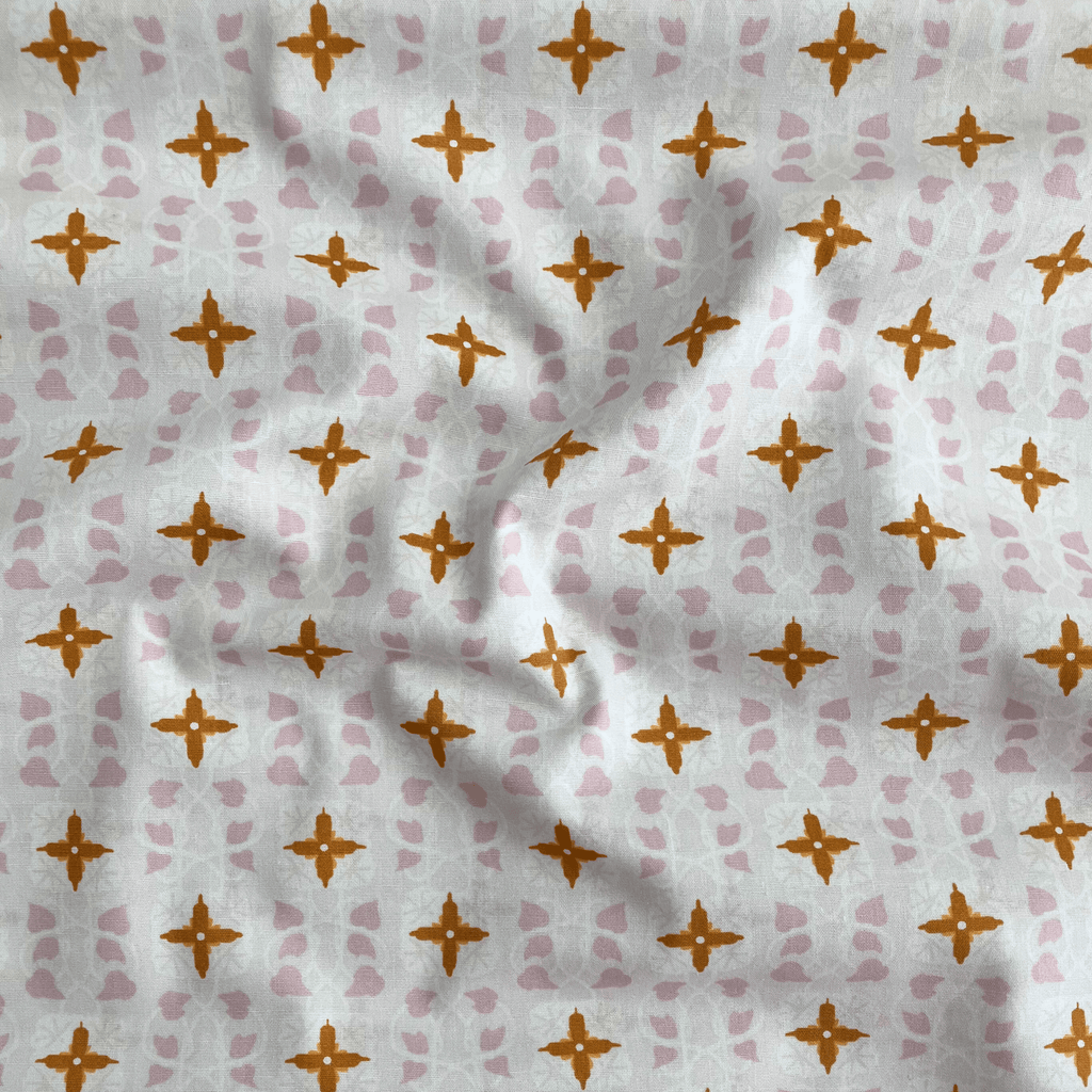 100% cotton quilting fabric — geometric mosaic-inspired pattern on cream. 44/45in width.