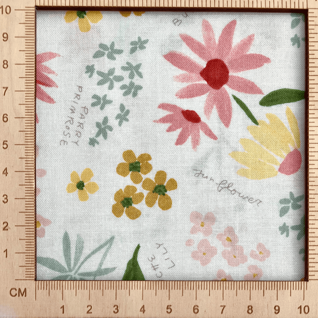 4"x4" scale — 100% cotton quilting fabric — multicoloured labelled flowers on white. 43/44in width.