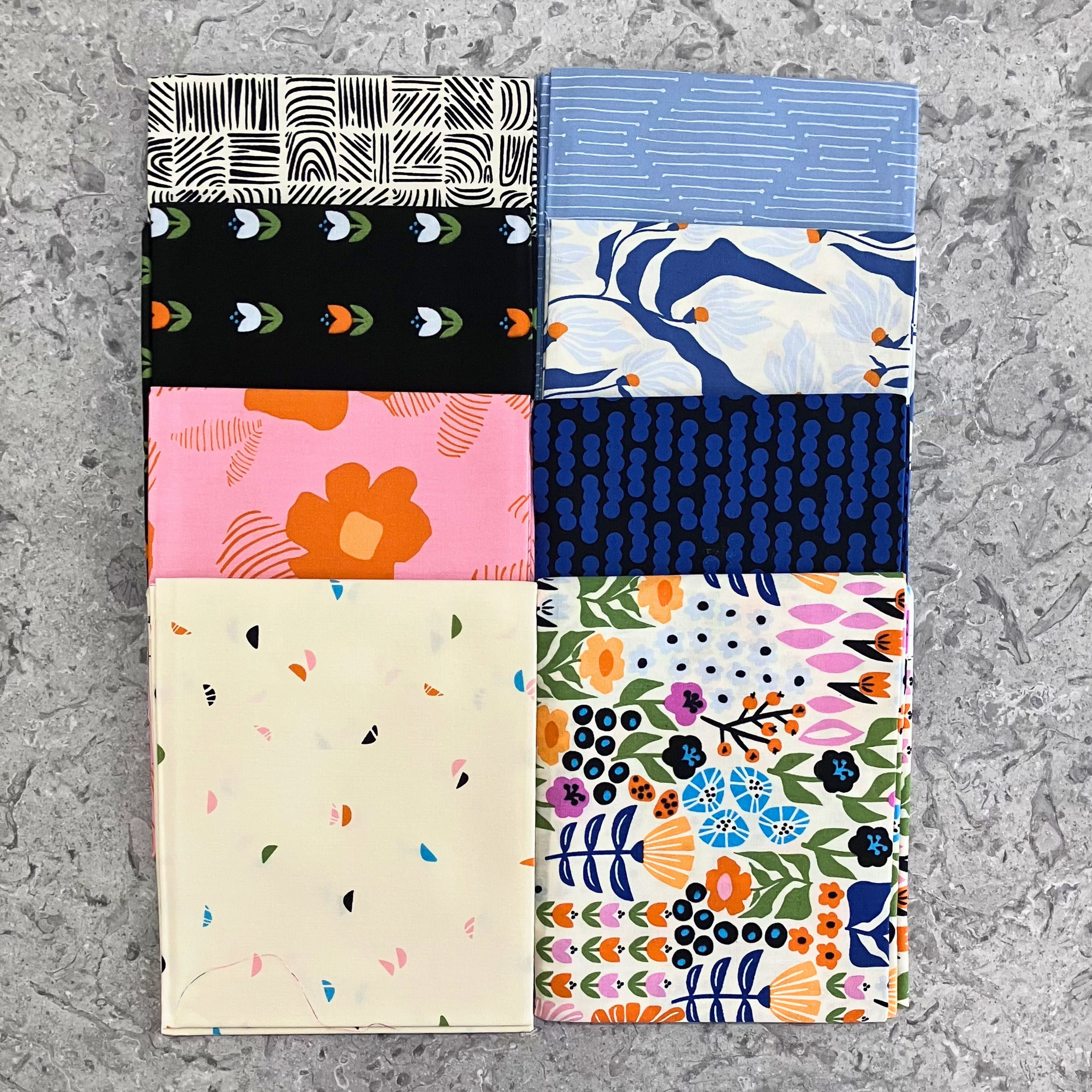 Art Gallery Fabrics Modernista — 8 fat quarter cotton quilting bundle. Bright florals and geometrics.