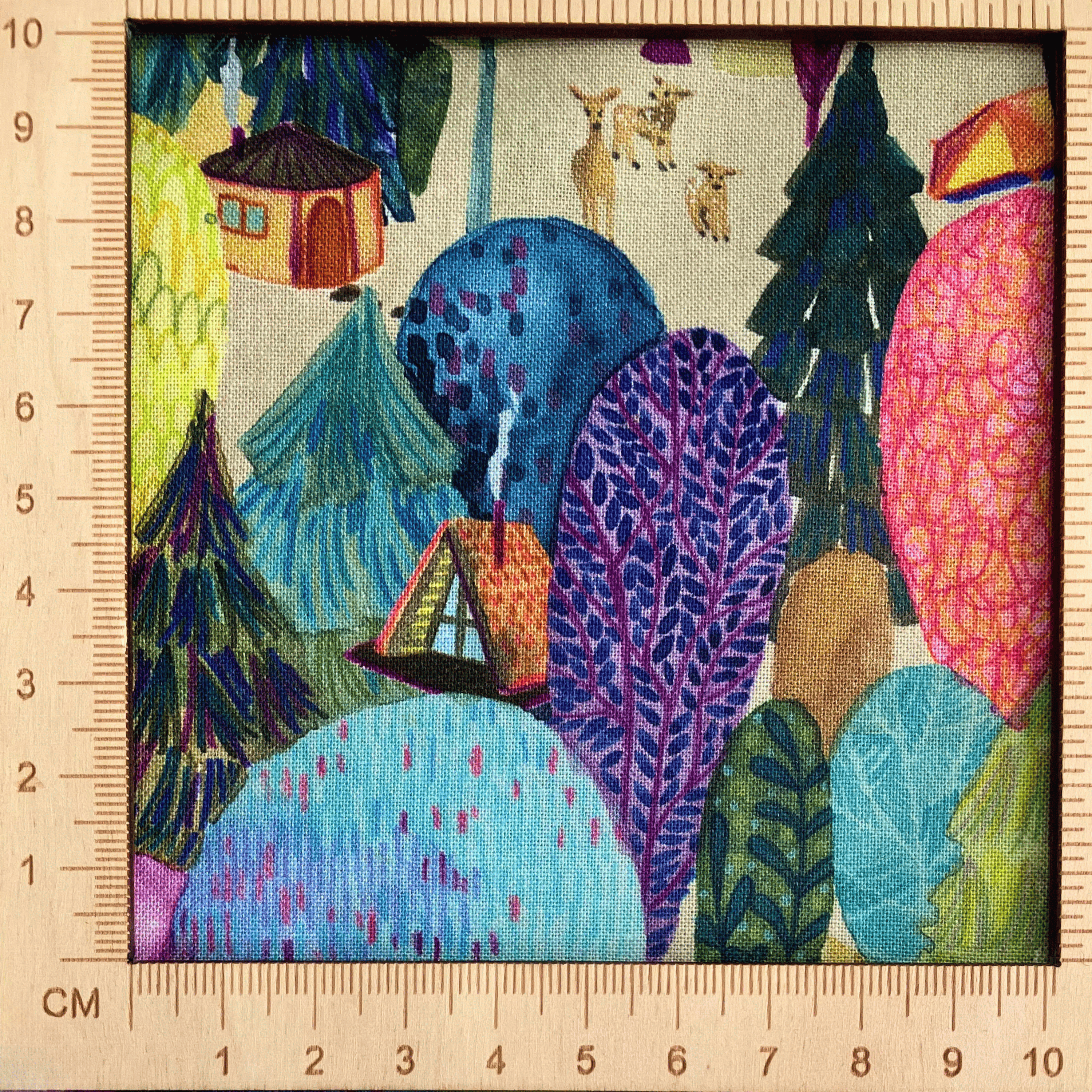 4"x4" scale — 100% cotton quilting fabric — colourful forest scene with trees, deer & cabins. 44/45in width.