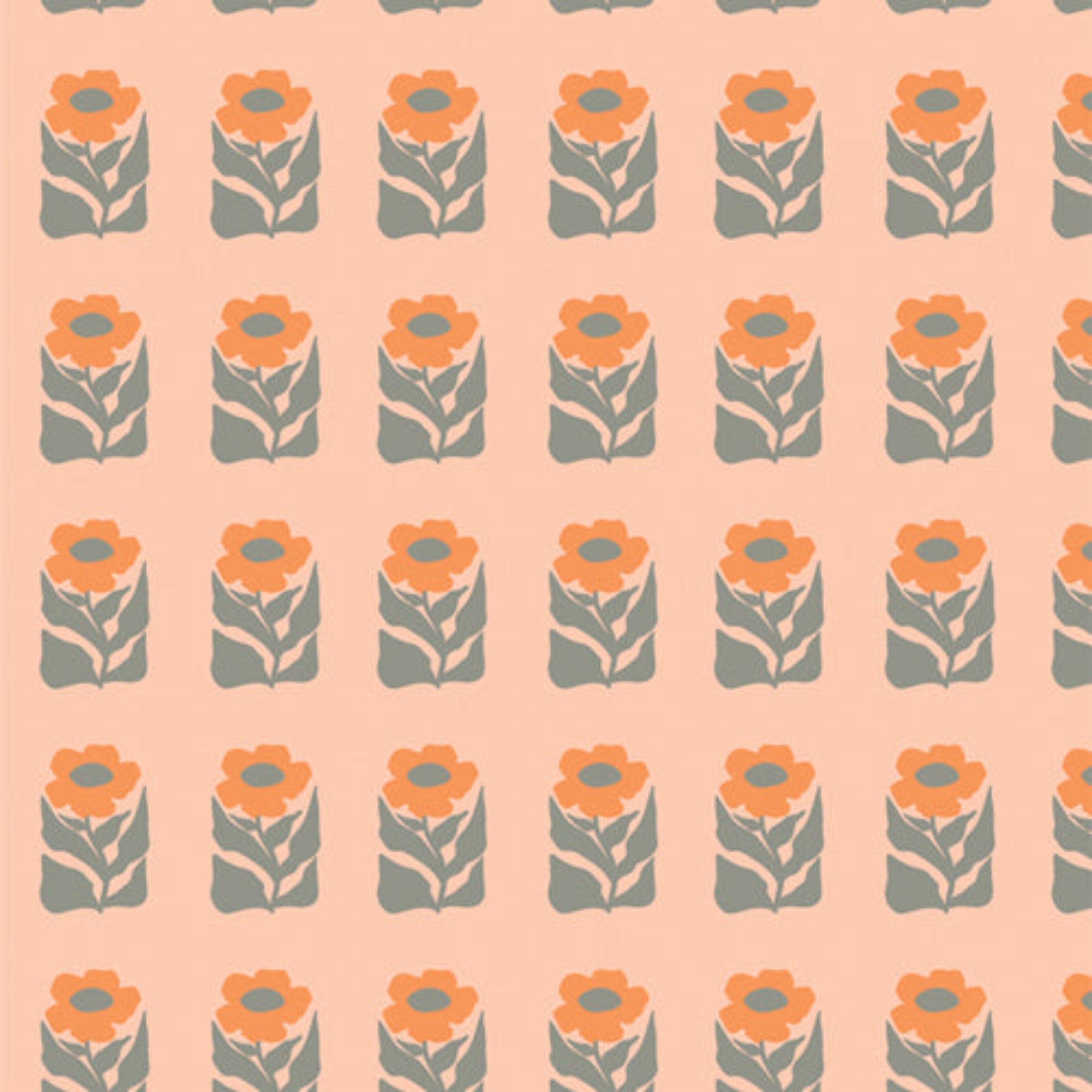 100% cotton quilting fabric — repeating floral pattern featuring stylized orange flowers with gray-green leaves on a soft peach background. 44/45in width.