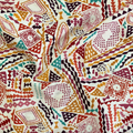 100% cotton quilting fabric — burgundy, redwood, amber & denim triangles on beige. 44in width.