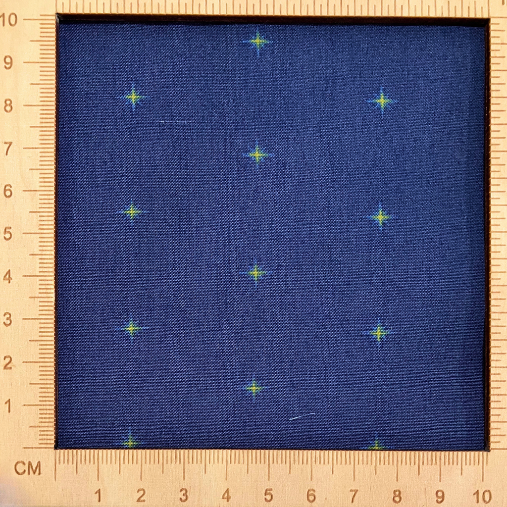 4"x4" scale — 100% cotton quilting fabric — small stars on dark blue. 44/45in width.