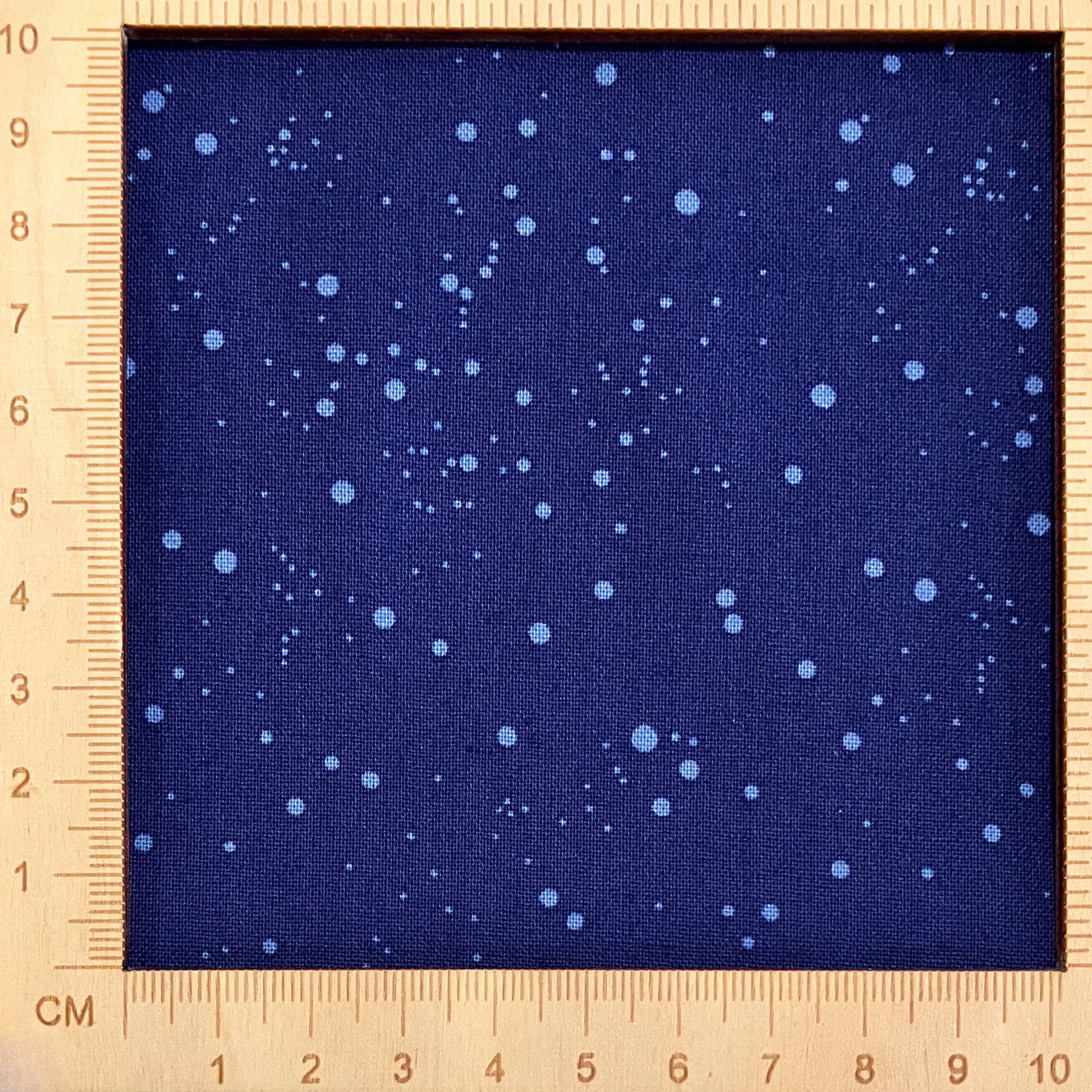 4"x4" scale — 100% cotton quilting fabric — light blue polka dots on indigo navy. 44/45in width.