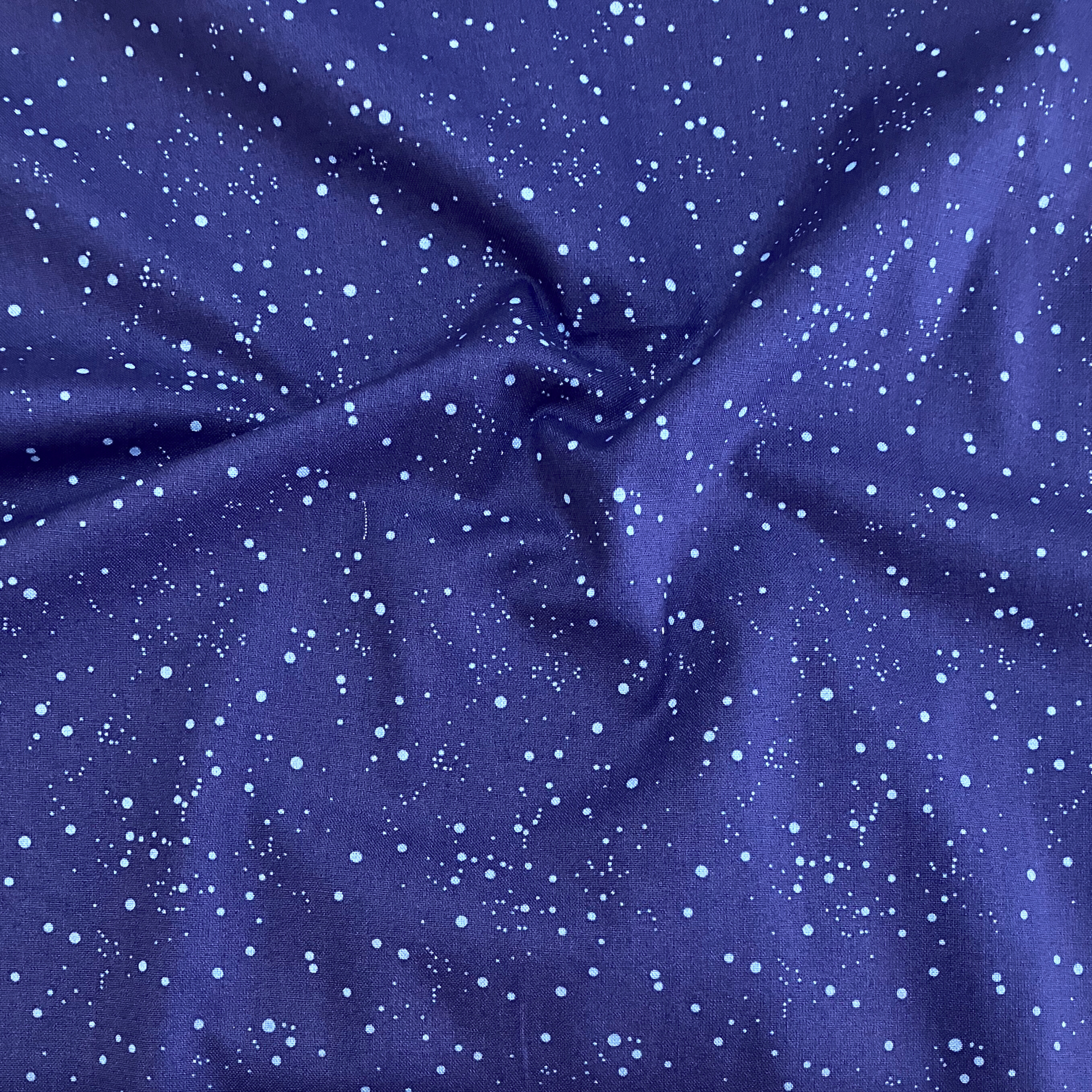 100% cotton quilting fabric — light blue polka dots on indigo navy. 44/45in width.