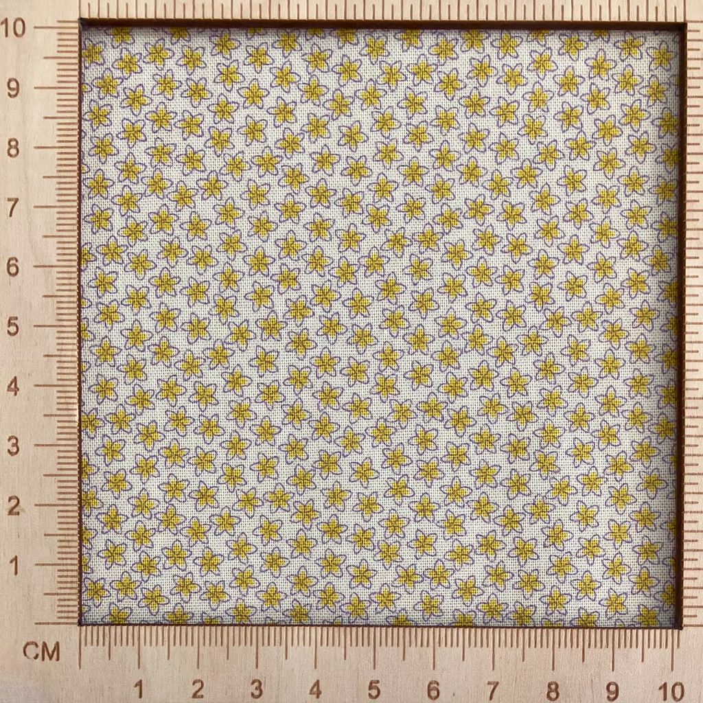 4"x4" scale — Liberty Fabrics Lasenby cotton — tiny yellow blooms on beige. 44/45in width.