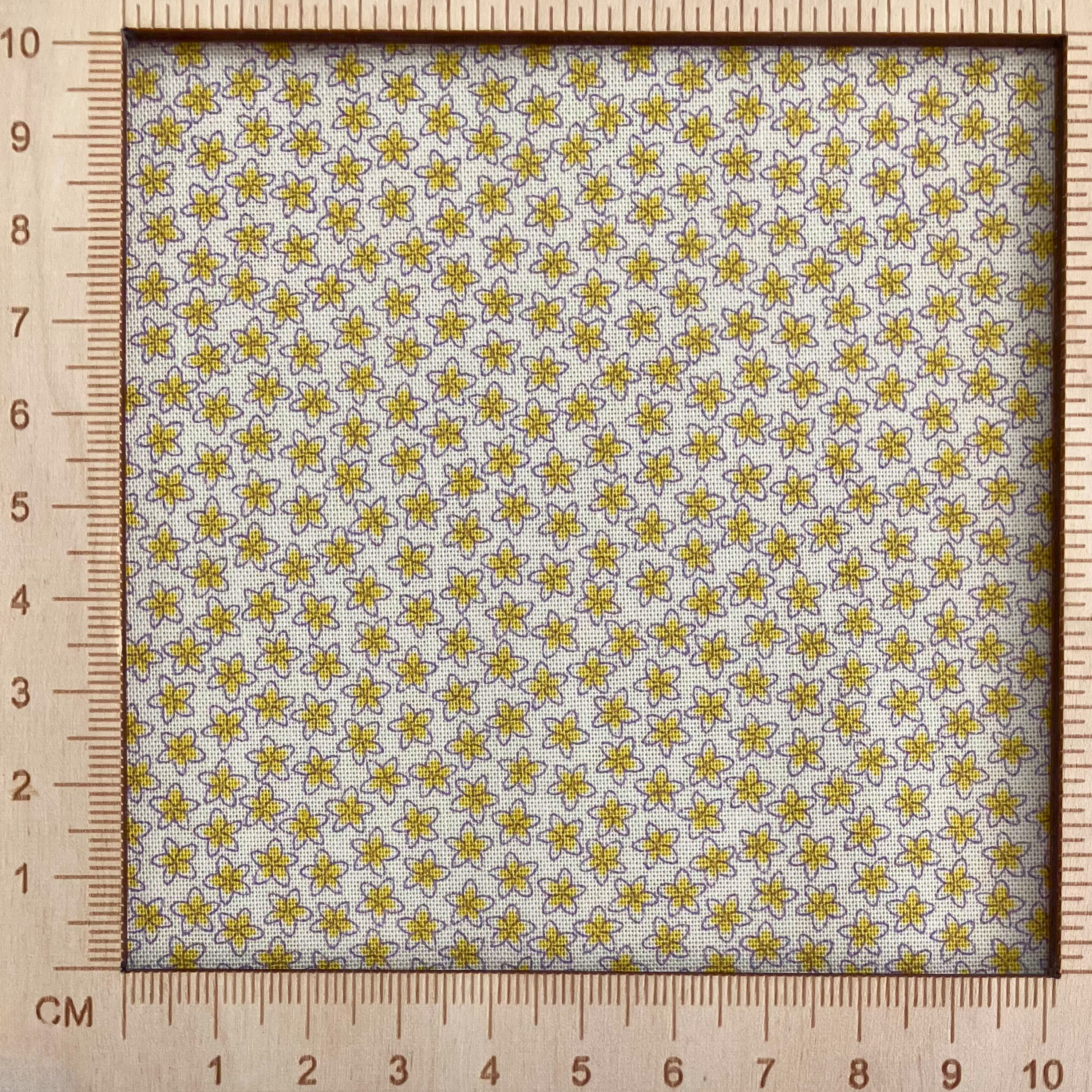 4"x4" scale — Liberty Fabrics Lasenby cotton — tiny yellow blooms on beige. 44/45in width.