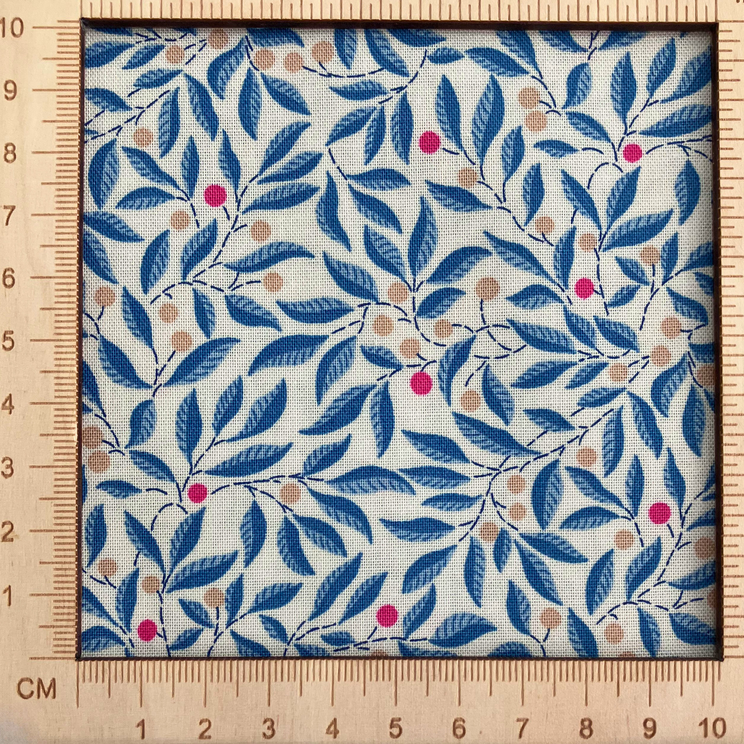 4"x4" scale — Liberty Fabrics Lasenby cotton — intertwining blue leafy branches with colourful beige and vibrant pink berries. 44/45in width.