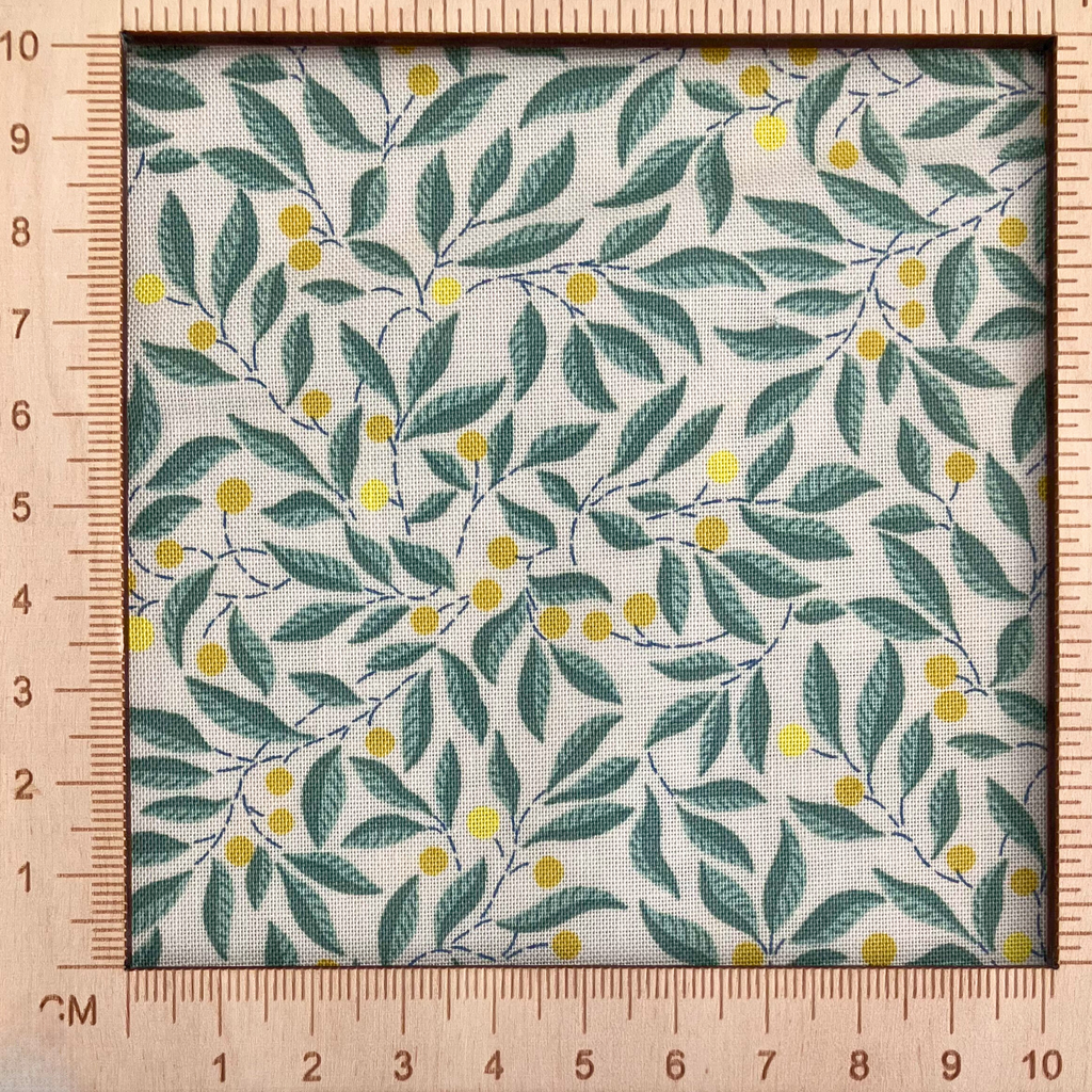 4"x4" scale — Liberty Fabrics Lasenby cotton — intertwining green leafy branches with yellow berries. 44/45in width.