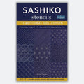 Sashiko stencils packaging with blue background and white text