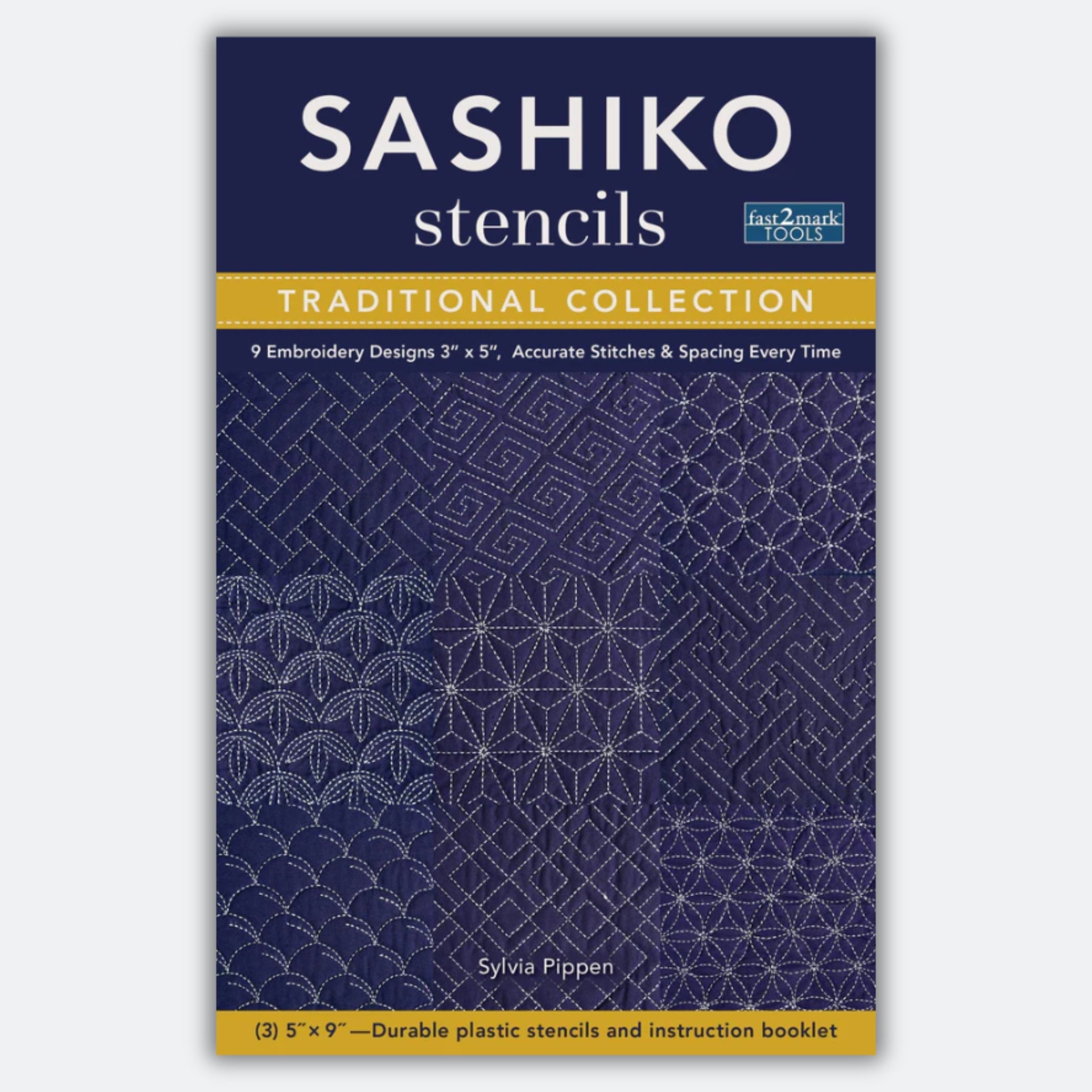 Sashiko stencils packaging with blue background and white text