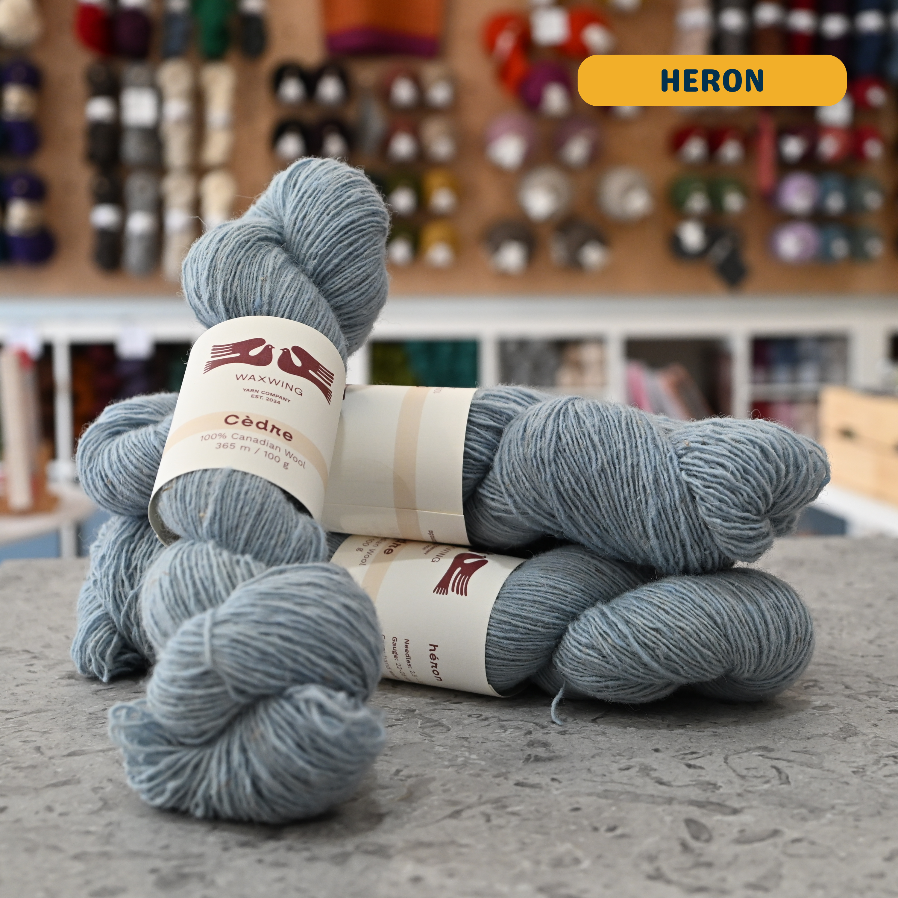 100g light blue (heron) canadian wool fingering yarn, 'Waxwing Yarn Company Cèdre' label visible, craft shop background (blurred)